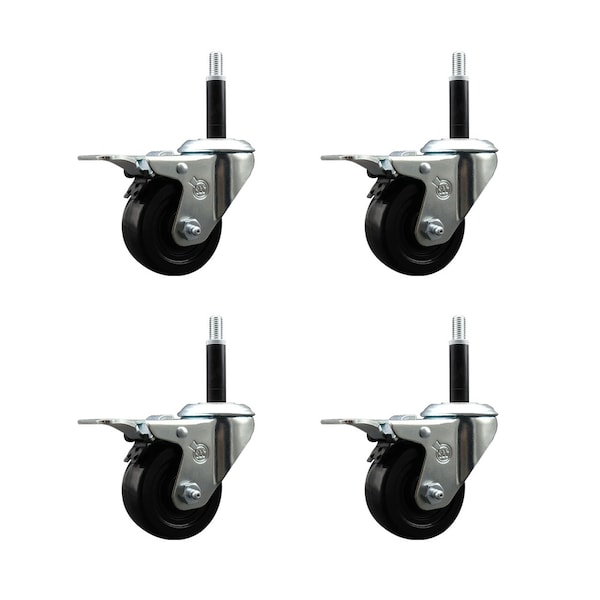3'' Hard Rubber Swivel 3/4'' Expanding Stem Caster Set Total Lock Brake, 4PK